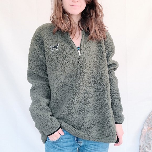 Victoria's Secret PINK Dark Green Fluffy Boyfriend Quarter Zip Pullover Sweater - Picture 3 of 10